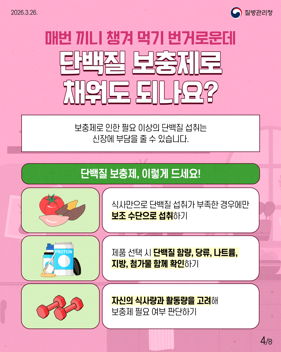 매번 끼니 챙겨 먹기 번거로운데  단백질 보충제로  채워도 되나요?  보충제로 인한 필요 이상의 단백질 섭취는  신장에 부담을 줄 수 있습니다.  단백질 보충제, 이렇게 드세요! 식사만으로 단백질 섭취가 부족한 경우에만  보조 수단으로 섭취하기 제품 선택 시 단백질 함량, 당류, 나트륨,  지방, 첨가물 함께 확인하기 자신의 식사량과 활동량을 고려해  보충제 필요 여부 판단하기 4/8